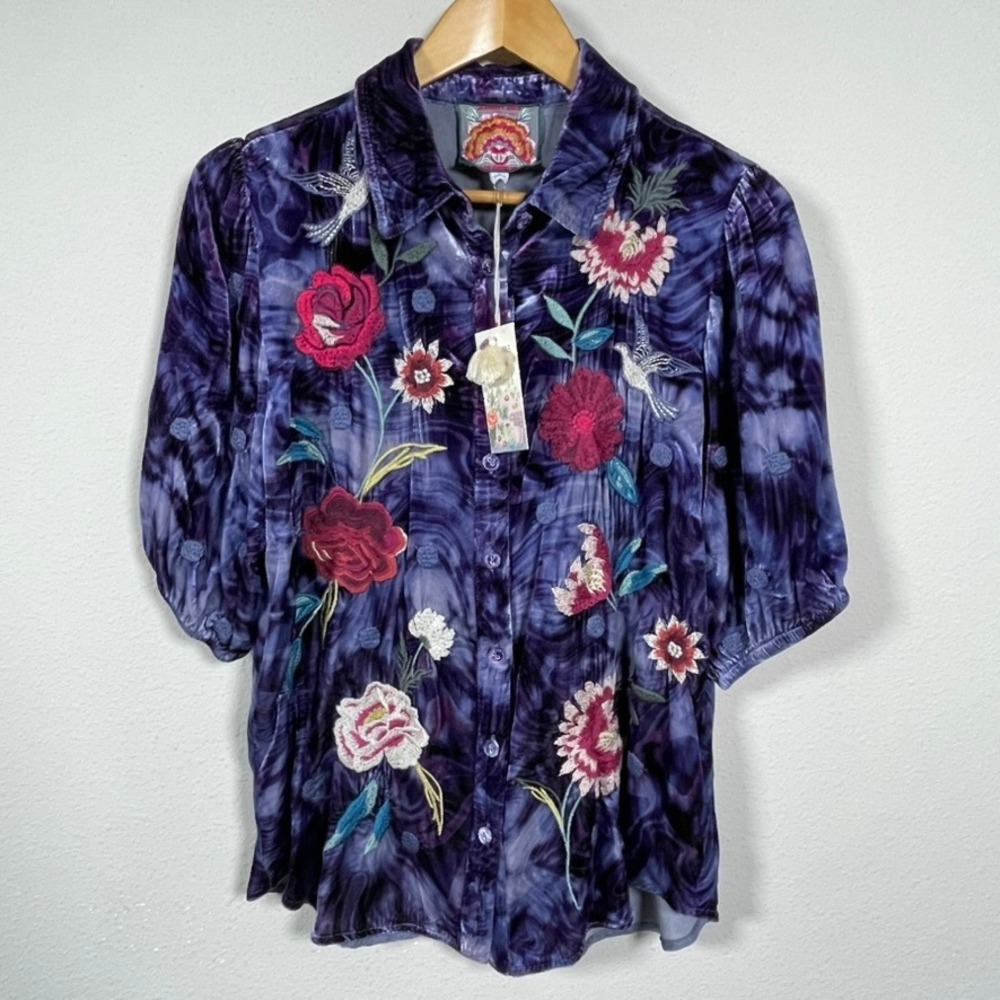 Johnny Was Junia Velvet Lisbon Shirt Womens S Purple New Embroidered Fairycore